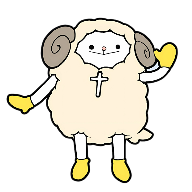 ノエルん♪ - クリーム色の羊のキャラクター。茶色の渦巻き角、白い顔、胸に十字架、黄色い手袋とブーツを着用
