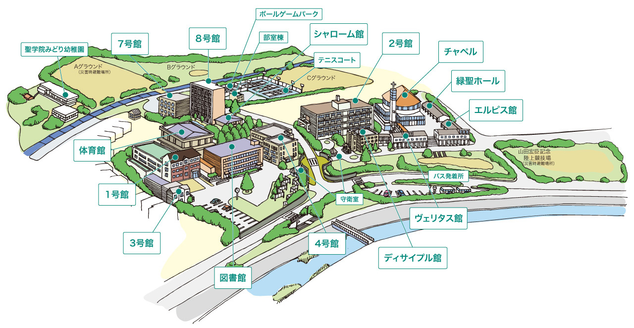 聖学院大学キャンパスマップ — チャペルは右上に位置しています