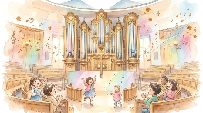 音楽を楽しむ人々の笑顔があふれる温かな水彩イラスト